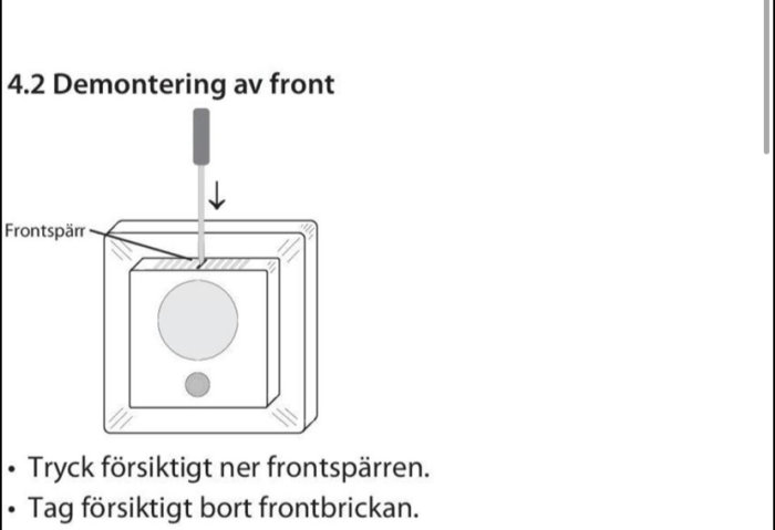 Illustration som visar demontering av thermostats frontpanel med en skruvmejsel och instruktioner.
