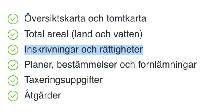 Lista med punkter inklusive översiktskarta, areal, inskrivningar, planer, taxeringsuppgifter och åtgärder, markerade med gröna bockar.