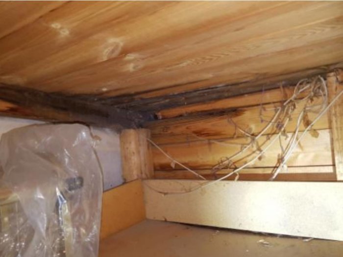 Vind med synliga missfärgningar på träbjälkar och isoleringsmaterial, möjliga tecken på fukt.