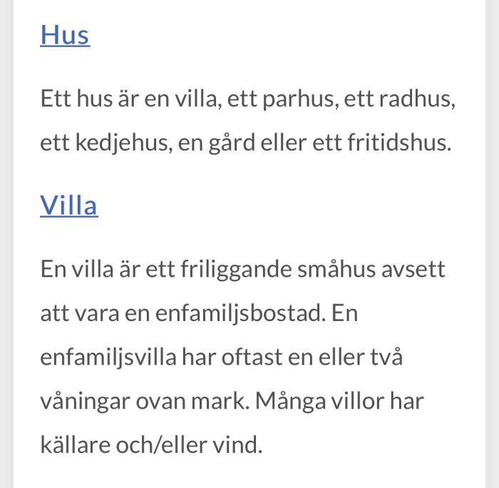 Skärmdump av definitioner av "Hus" och "Villa" från en webbsida, beskriver olika typer av boende.