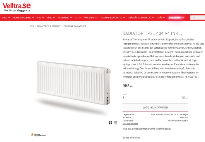 Vit radiator TP21-404 V4 för anslutning till vattenburen värmesystem, RSK 6607077.
