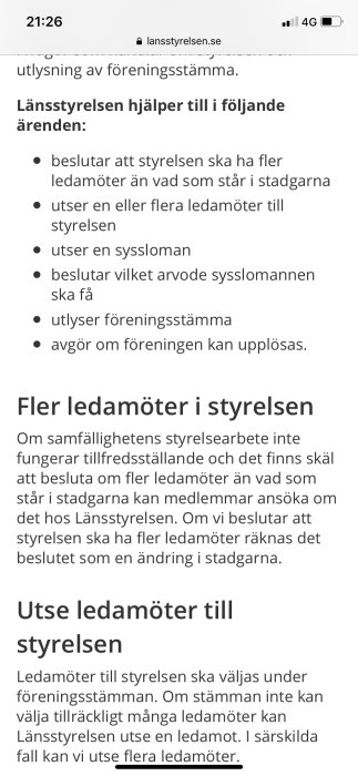 Skärmdump av en text om hjälp från Länsstyrelsen vid styrelseproblem i en samfällighetsförening.