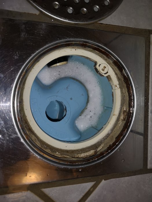 Rengjort duschavlopp med synlig skada och ett misstänkt gnagat hål i plastlocket över avloppsröret.