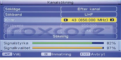 Meny för signalstyrka och signalkvalitet på en digital-tv-mottagares skärm med procentsatser.