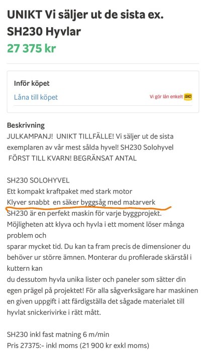 Skärmbild av annons för SH230 Hyvlar med beskrivning och pris, markerar funktionen att klyva snabbt en byggsåg.