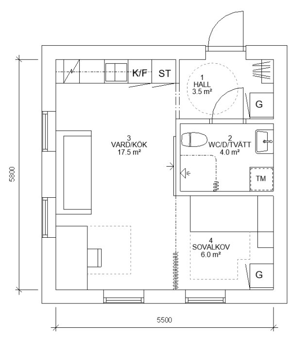 Uppdaterad planritning av en lägenhet med betecknade rum som vardagsrum/kök, hall, WC/dusch och sovalkov.