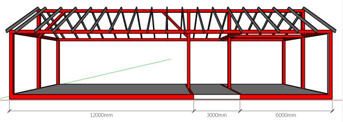 Skiss av byggnadsdesign som visar stålstommen i rött för en byggnad med angivna dimensioner i millimeter.