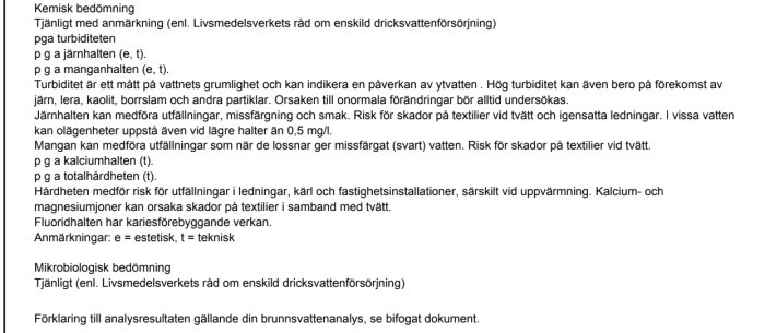 Vattenanalysresultat som indikerar behov av järn- och manganfilter, samt problem med kalkhalt och turbiditet.