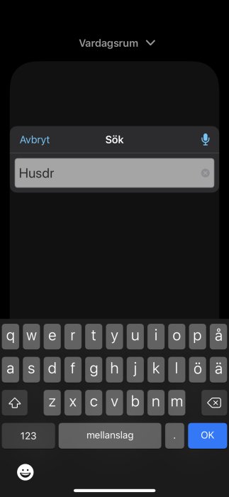 Mobilskärmsbild som visar sökfältet med texten "Husdr" och ett virtuellt tangentbord redo för textinmatning.