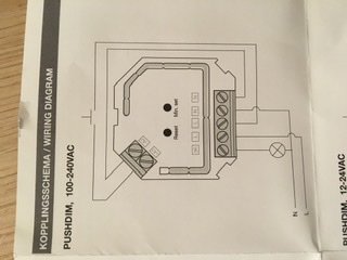 Kopplingsschema för en Nexa Z-wave dosdimmer med beteckningar för ledningsanslutningar.