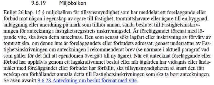 Utdrag från Lantmäteriets handbok som förklarar anteckning i fastighetsregistret enligt miljöbalken.