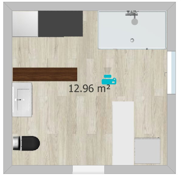Planritning av ett badrum med tvättmaskin, torktumlare, skåp för tvättsortering, duschkabin, handfat och förvaringsmöbler.