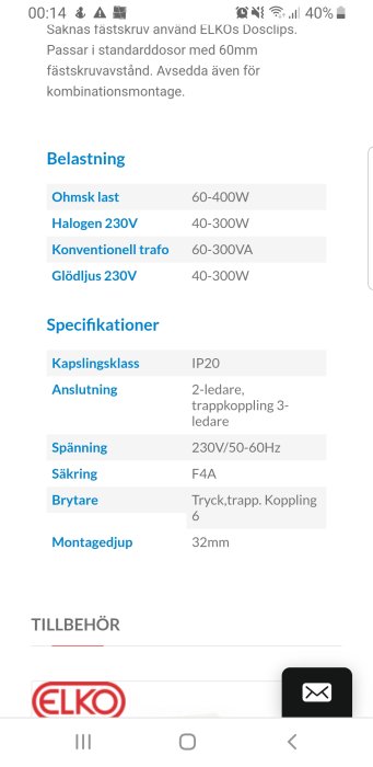 Skärmdump av tekniska specifikationer för belysningsutrustning inklusive spänning och belastning.