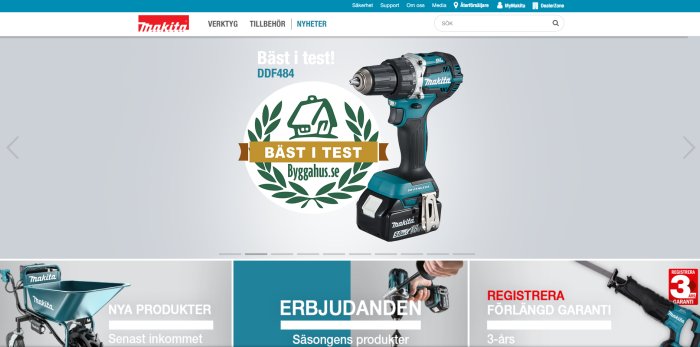 Makita borrskruvdragare DDF484 som utsetts till "Bäst i test" av Byggahus.se på företagets hemsida.