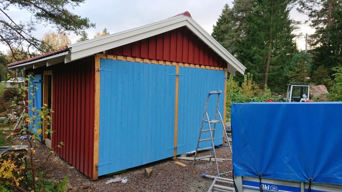 Röd och blå träskjul under konstruktion med oskyddade träreglar och en stege på sidan.