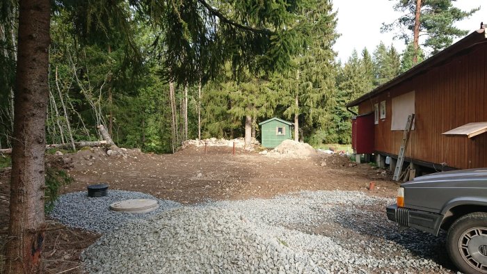 Byggarbetsplats med grus och utgrävning vid hus och skog, brunnslock och material synligt.