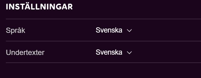 Skärmdump av inställningsmeny med valen för språk och undertexter inställda på svenska.