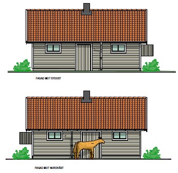 Två ritningar av en husfasad, en mot sydost och en mot nordväst, med tegeltak och en häst framför.