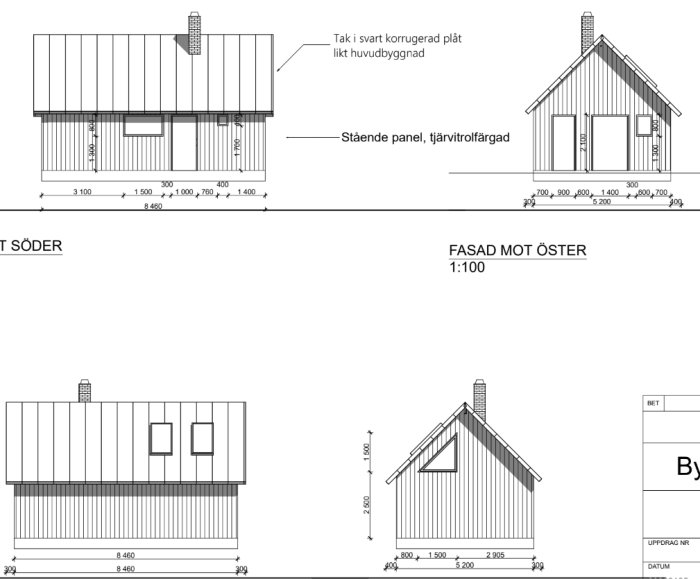 Arkitektoniska ritningar av ett hus med måttangivelser för södra och östra fasaderna, samt i profil.