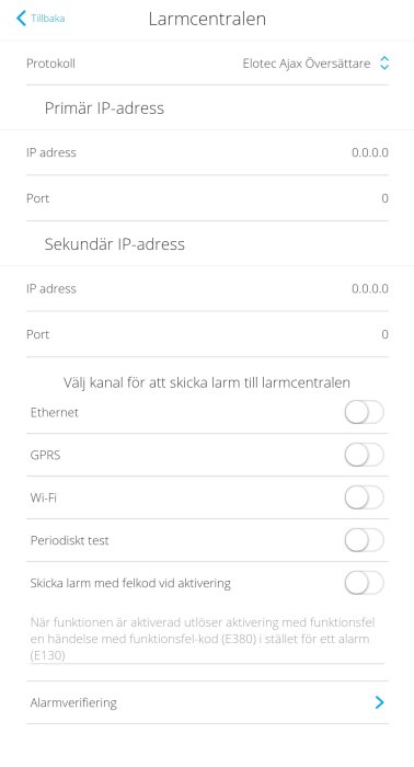 Skärmavy av larmcentralens inställningar med obefyllda IP-adressfält och avstängda alternativ.