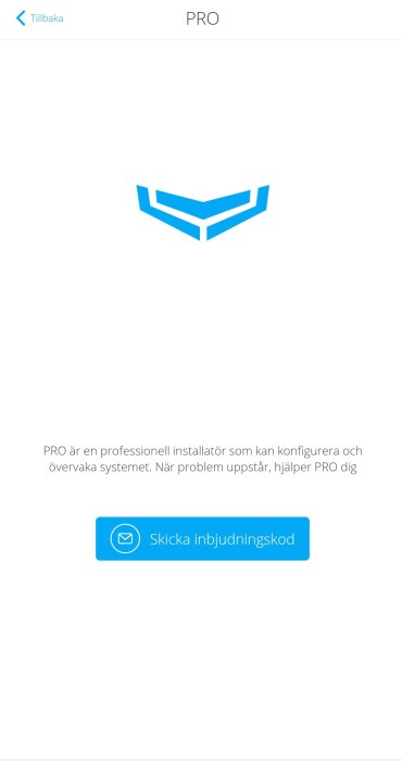 Skärmdump av gränssnitt för inställningar för larmcentral med PRO-logotyp och inbjudningsknapp.