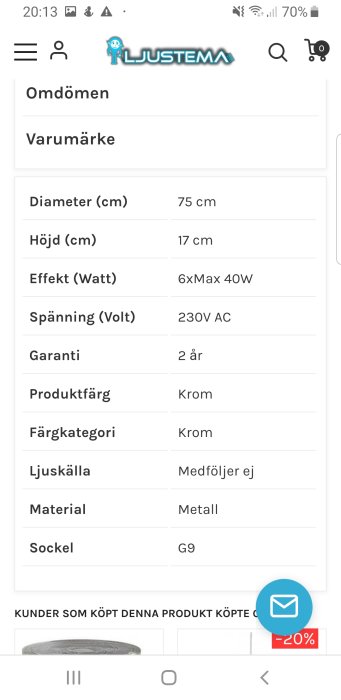 Skärmdump av en produktinformationssida för en lampa med specifikationer som diameter, spänning och material.