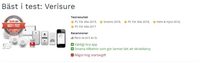 Reklambild för Verisure med olika larmprodukter och utmärkelsen "Bäst i test" från test.se.