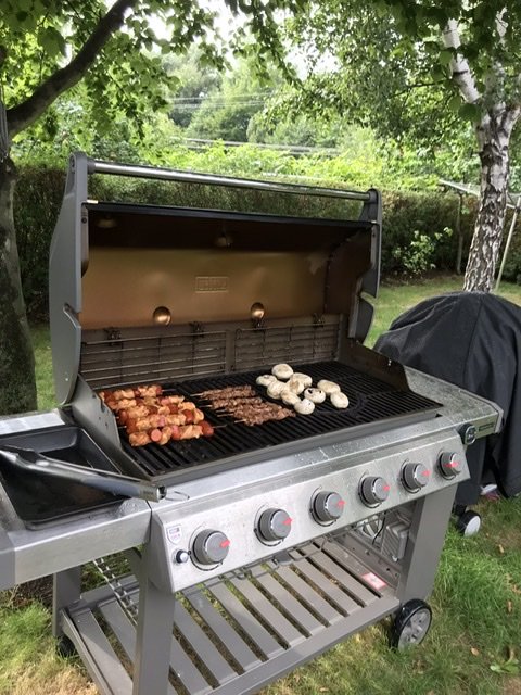 Weber Genesis e-610 grill med 6 brännare och utan sidobrännare, full med mat på trädgårdstomt.
