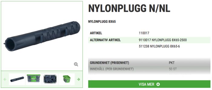 Essve nylonplugg 8x65 för fastsättning i lättbetong, visas med produktdetaljer och förpackningsalternativ.
