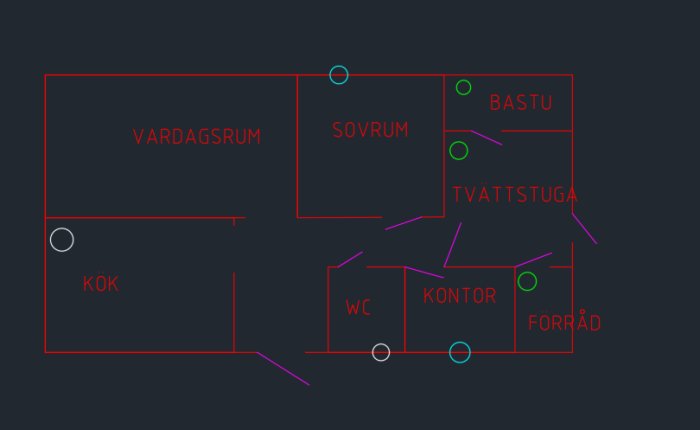 Skiss av husets planlösning som visar placering av rum och ventilationssystem, inklusive frånluftsventiler.