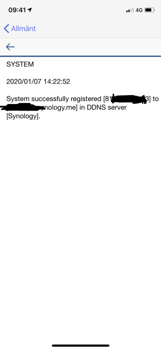 Loggbild som visar systemmeddelande om framgångsrik registrering till DDNS-server.