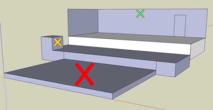 3D-modell av en husinteriör med etage, rött kryss på lägsta nivån, gult vid eldstaden, grönt uppe.