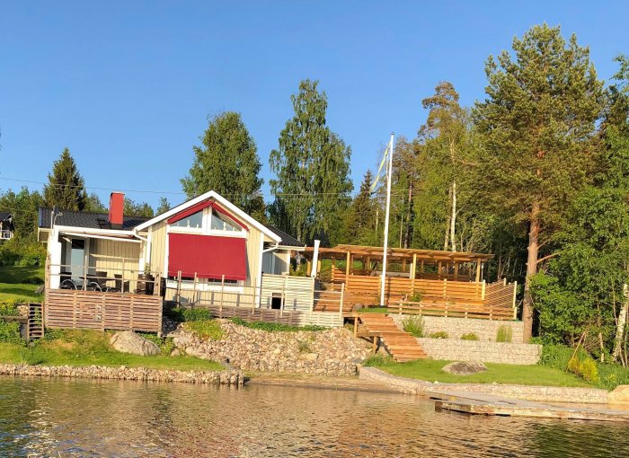 Hus vid sjö med flera terrasser och etage, omgiven av grönska och med en klarblå himmel.