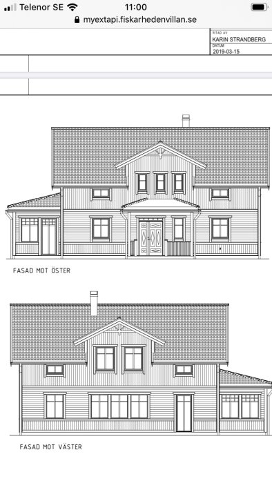 Arkitektritningar av öst- och västfasaderna för Fiskarhedenvillans Tranan, ett anpassningsbart hus.