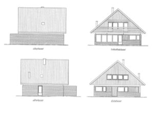 Arkitektritningar av en förortsvilla från miljonprogrammet, fyra vyer: fasad, snitt och sektioner.