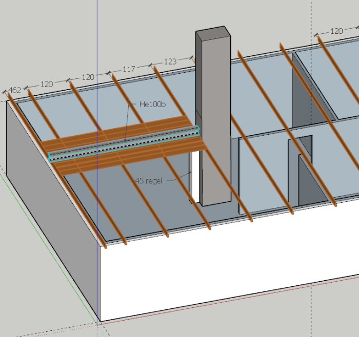 3D-modell av takstolar och en mellanvägg med råspont och en tvärgående stålbalk.