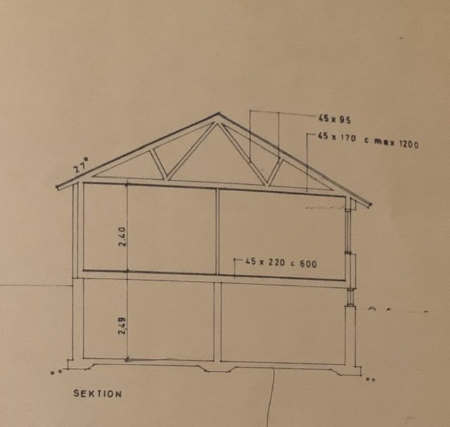 Ritning av snitt genom en byggnadsstruktur med dimensioner på balkar och takstolar.