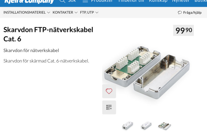 Öppet Cat 6 FTP-nätverkskabelskarvdon som visar interna slitskontakter och metallhölje.