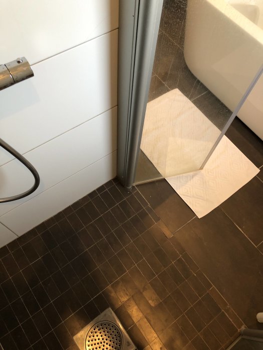 Duschhörna med synliga sprickor i brun fog mellan mörkbruna kakelplattor och lossnande silikon.
