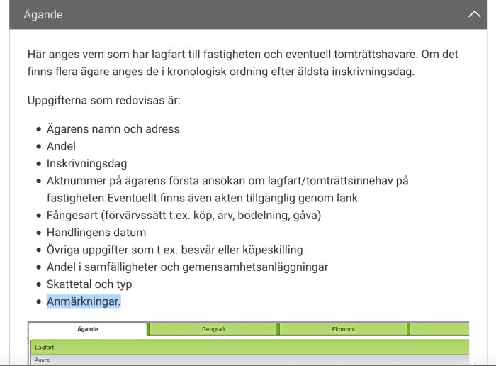 Skärmdump av Lantmäteriets Ägande-flik som listar ägarens namn, andel och andra fastighetsuppgifter.