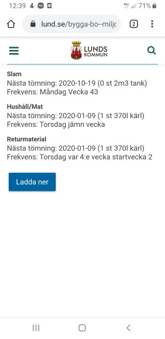 Skärmdump visar schemat för sophämtning och slamtömning från Lunds kommun.