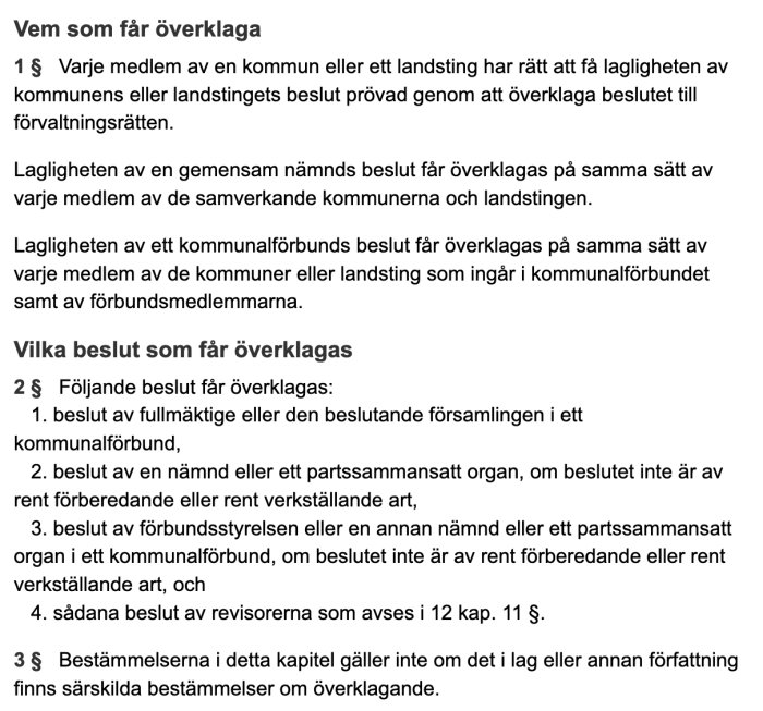 Textdokument med rubriker "Vem som får överklaga" och "Vilka beslut som får överklagas", relaterat till kommunala beslut.