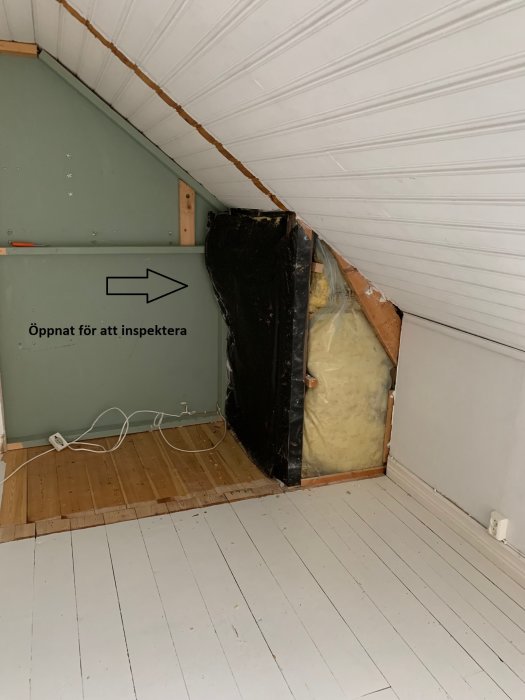 Öppning i vägg som avslöjar mörk mögelpåväxt och isolering på en vind i ett hem.