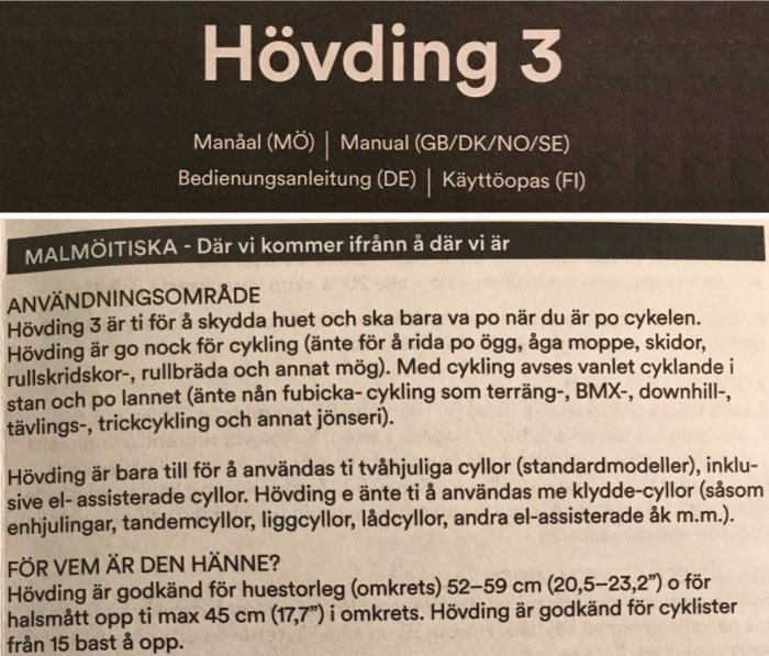 Bild av en instruktionsmanual för Hövding 3 cykelhjälm med text på svenska och minoritetsspråket malmötiska.