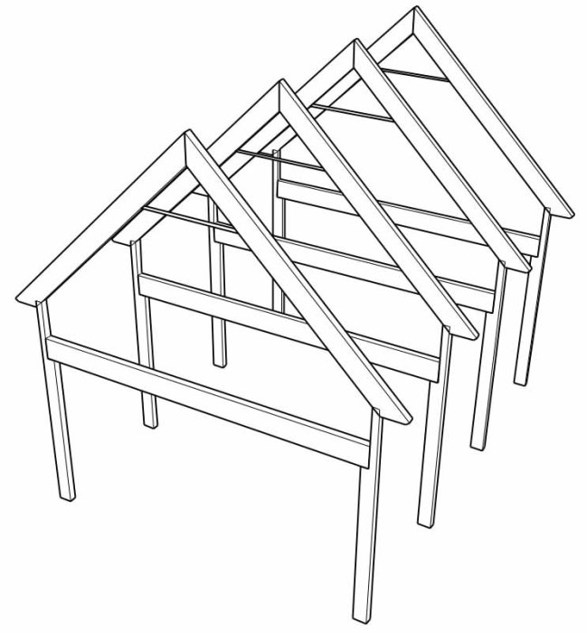 Skiss av en husstomme med förhöjda väggliv och djupa pelare, avsedda för upplag av bjälklag.