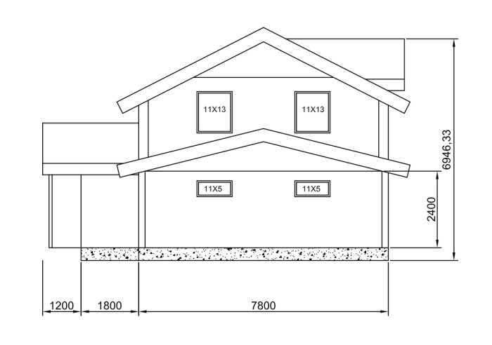 Arkitektritning av en husfasad med breddade fönster och anpassade mått för garaget och takhöjden.