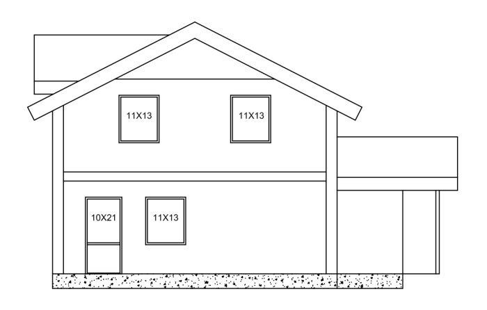 Uppdaterad ritning av ett hus med breddade fönster och justerade mått på garage och takhöjd.