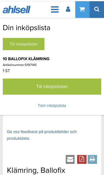 Skärmdump av en produktlista med Ballomix klämring på Ahlsell webbplats, artikelnr 5197145.