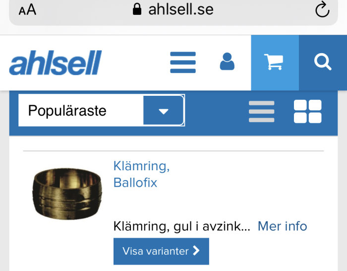 Skärmbild från Ahlsell webbplats som visar en klämring för rörinstallationer.