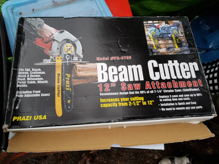 Förpackning för Prazi Beam Cutter sågbladsfäste med kompatibilitetsinformation och produktbild.